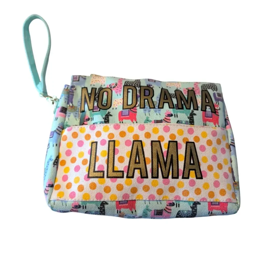 No Drama Llama Canvas Wristlet Light Teal Llama Print Dual Zipper Pouch